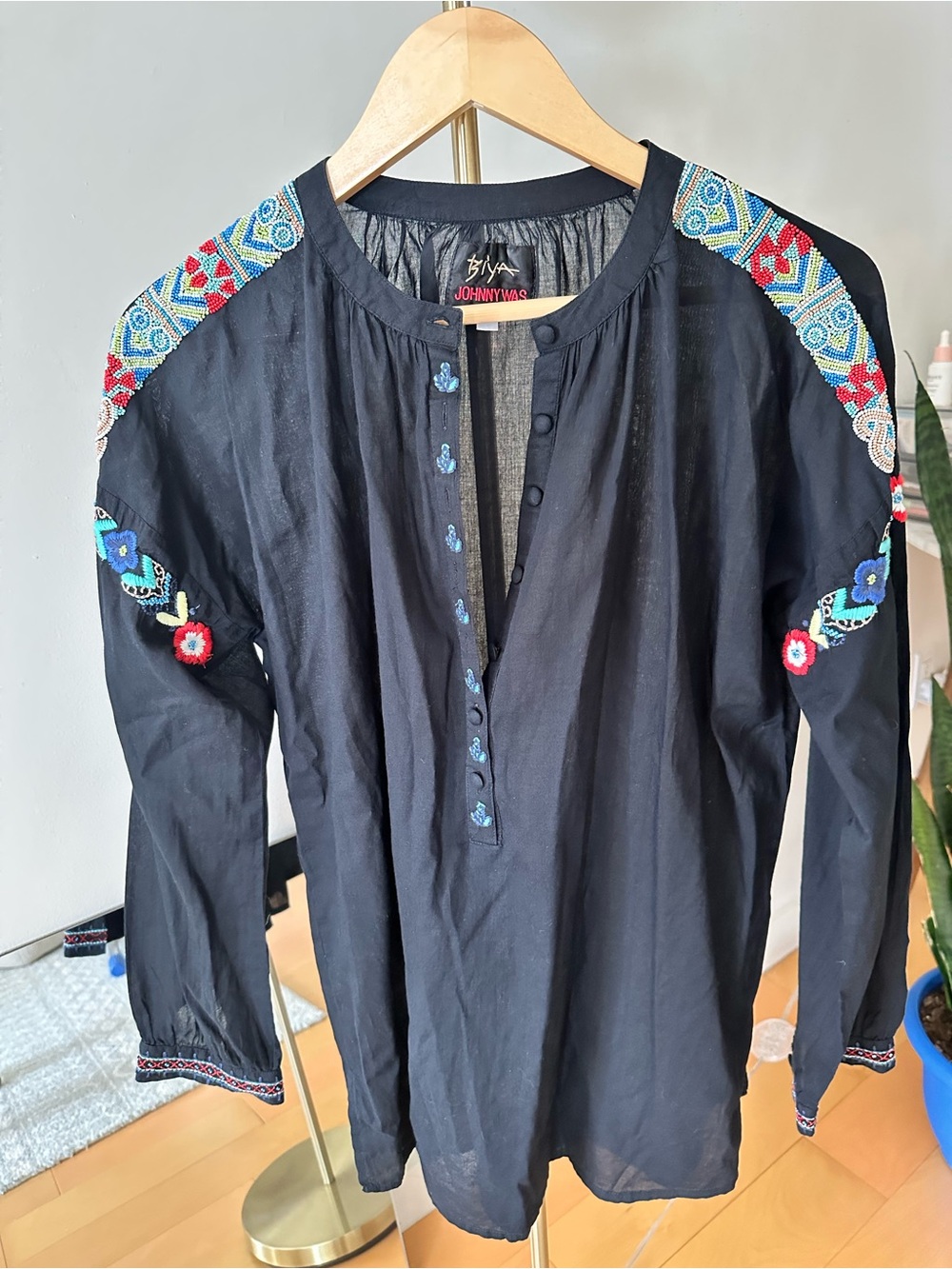 Johnny Was Black Embroidered beaded top